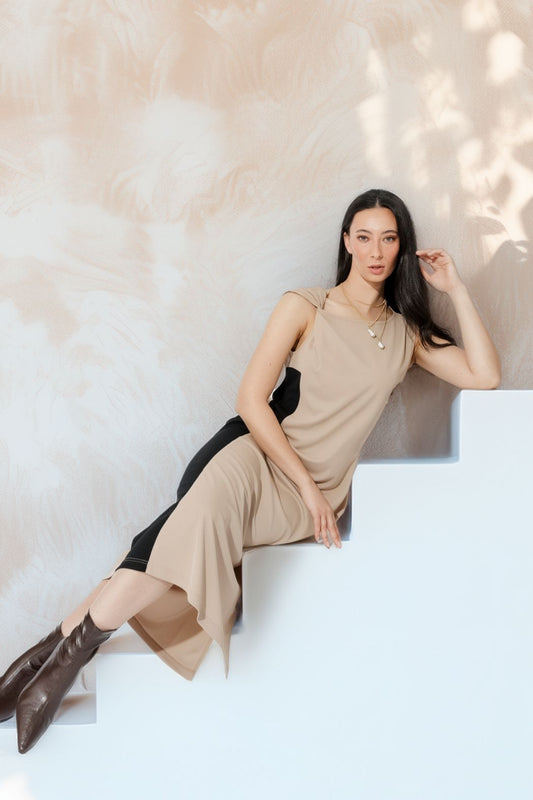 Beige Twist Shoulder Dress