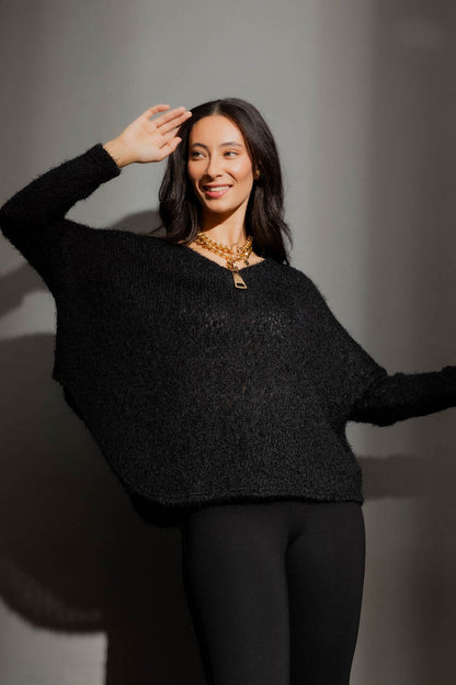 Black Fluffy V Neck Jumper