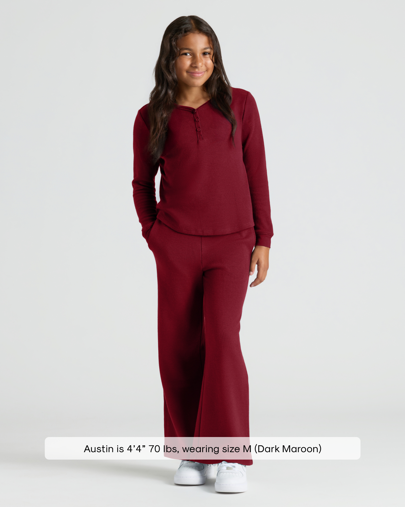 Girls Dark Maroon Waffle Long Sleeve Henley & Waffle Leg Pants 2-Pack