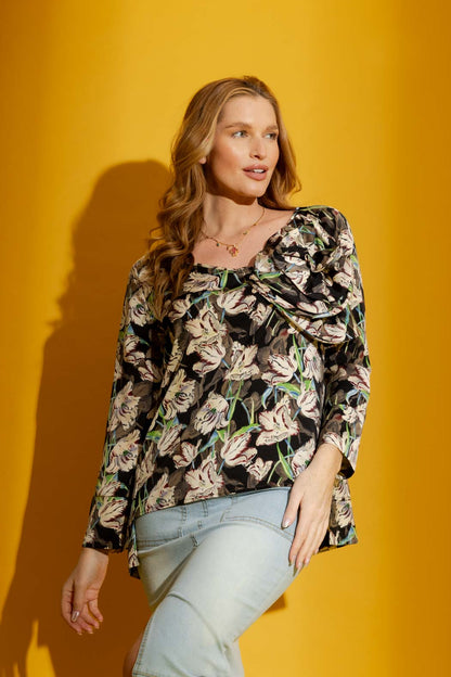 Black Floral Rosette Blouse