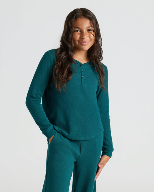 Girls Deep Emerald Long Sleeve Boxy Waffle Henley