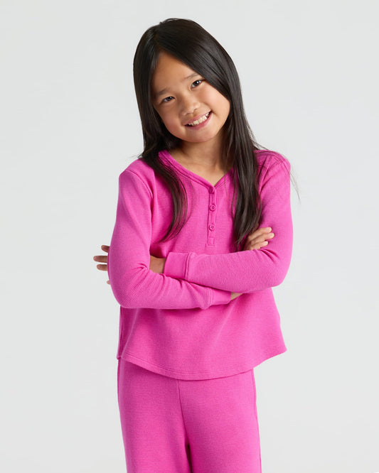 Girls Electric Fuchsia Long Sleeve Boxy Waffle Henley