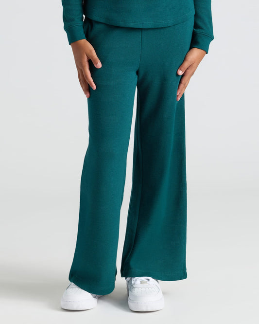 Girls Deep Emerald Waffle Wide Leg Pants
