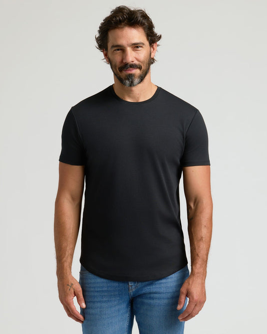 Black Pima Cotton Blend Curved Hem Crew