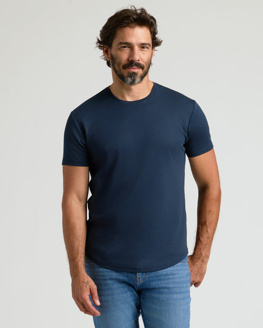 Navy Pima Cotton Blend Curved Hem Crew