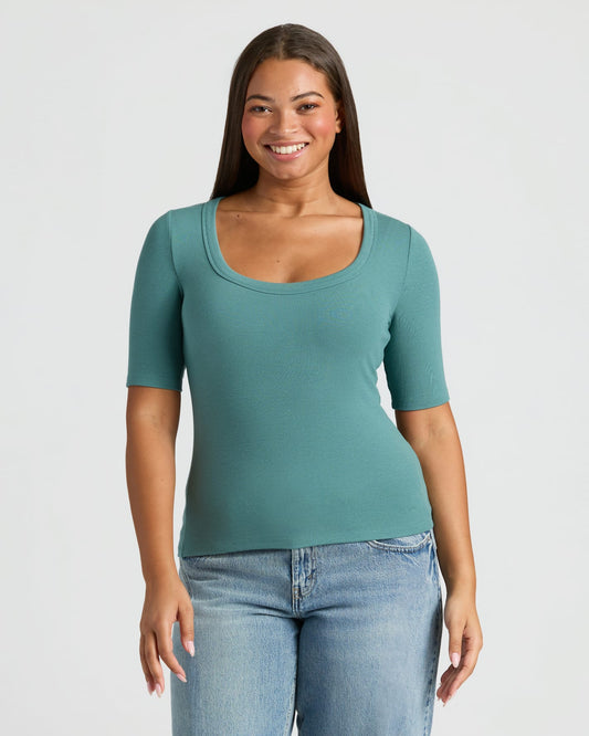 Womens Stormcloud Ribbed 3/4 Sleeve Scoop Neck Tee