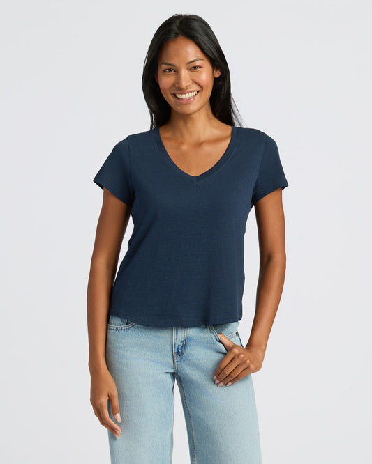 Womens Navy Relaxed Slub V-Neck Tee