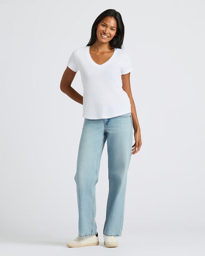 Womens White Relaxed Slub V-Neck Tee