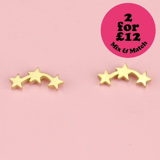 Triple Curved Star Stud Earrings (Gold Plated)