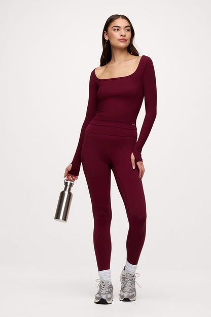 Sporty Rib Portrait Long Sleeve Top | Ruby