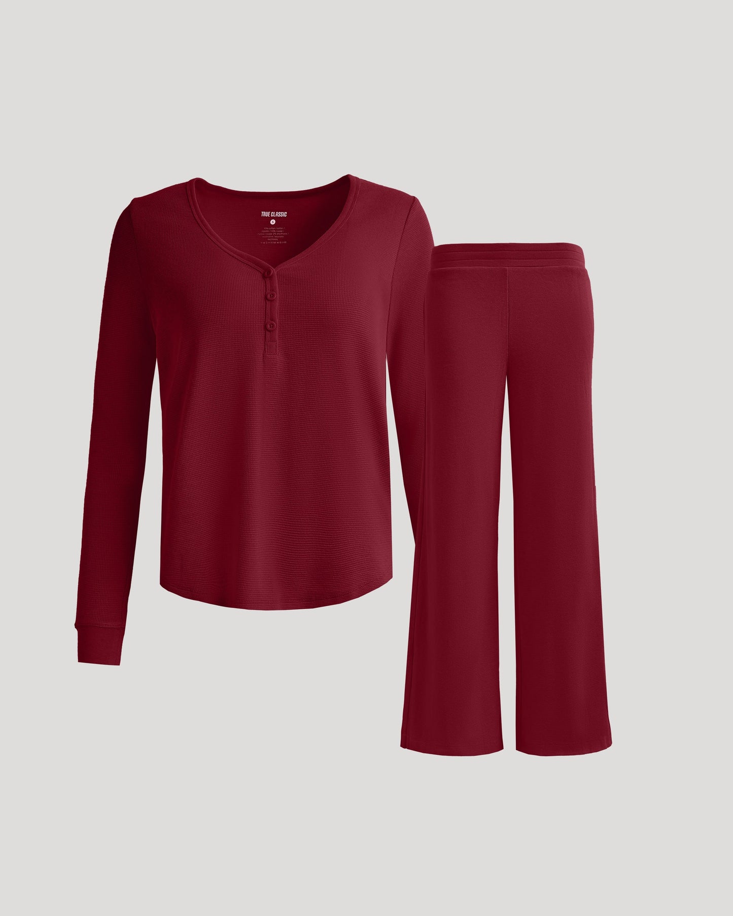 Womens Dark Maroon Waffle Long Sleeve Henley & Waffle Leg Pant 2-Pack