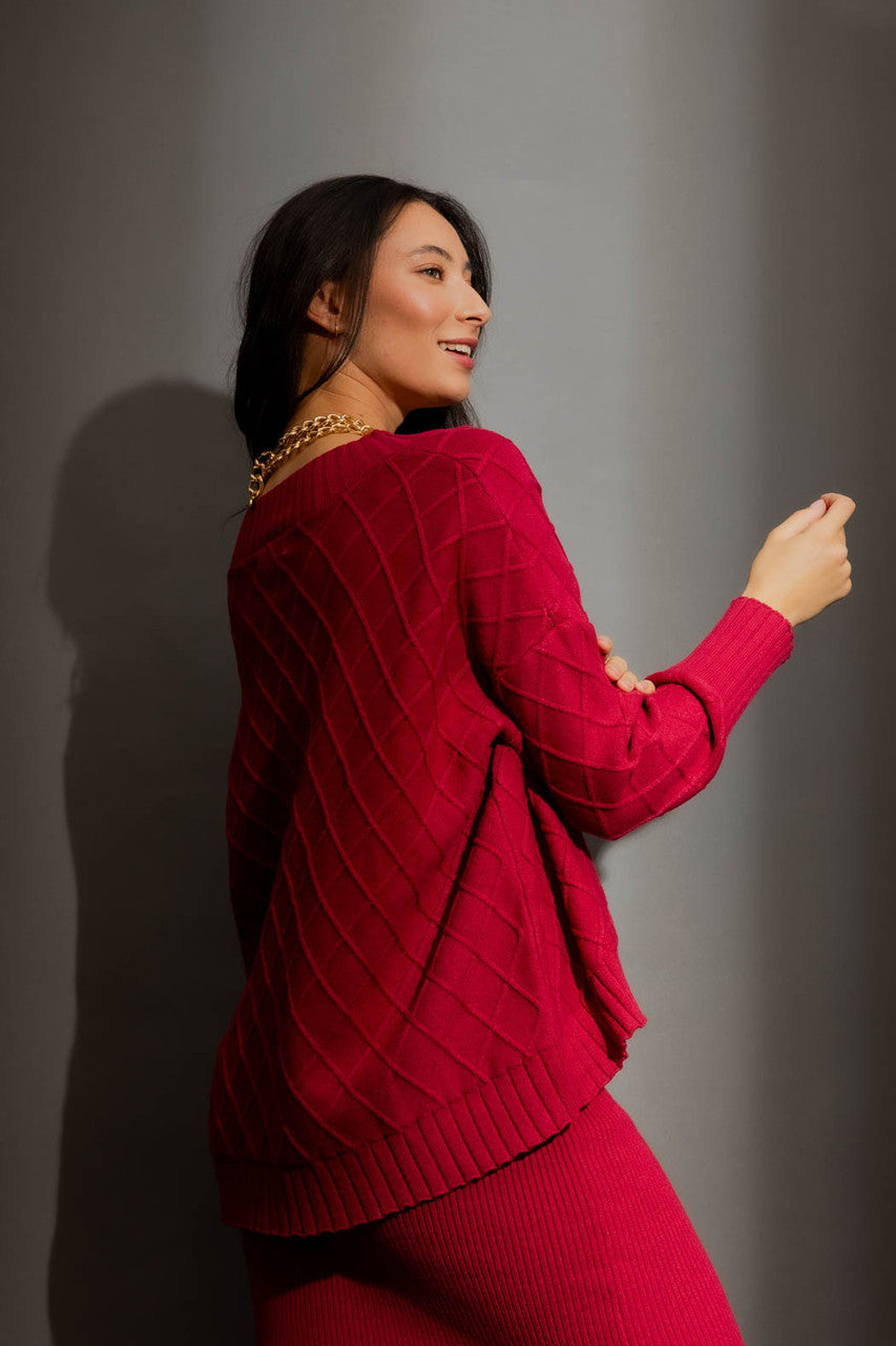 Berry Diamond V Neck Jumper Berry S/M