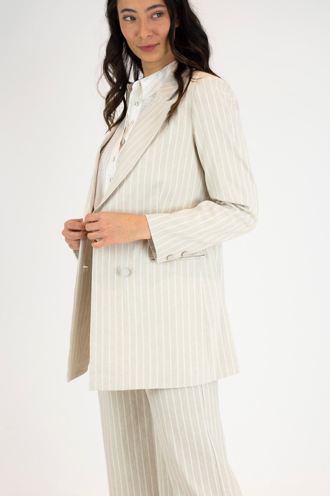 Beige And White Stripe Bengaline Blazer - Sale