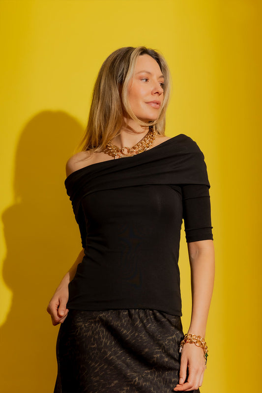 Black Tencel Off-Shoulder Top