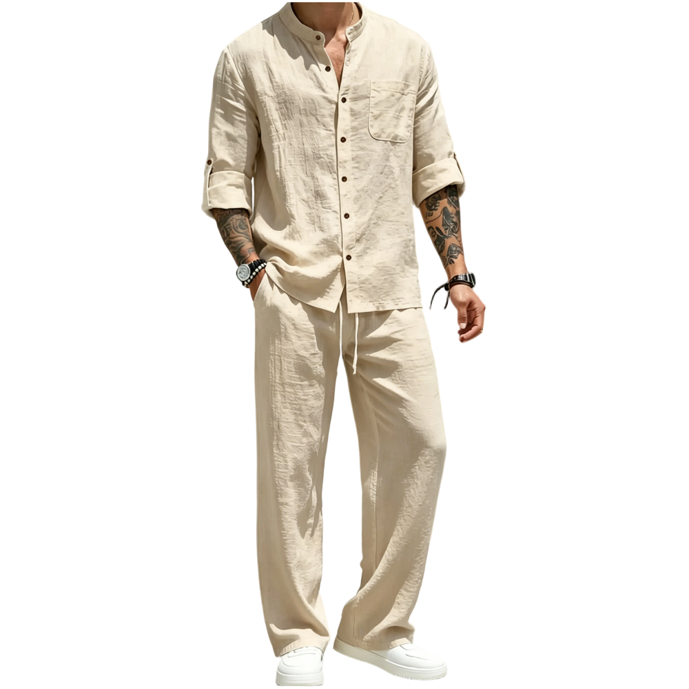Men’s Linen Shirt & Pants Set – Stand Collar Long-Sleeve Shirt with Straight-Leg Belted Pants