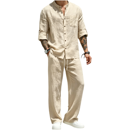 Men’s Linen Shirt & Pants Set – Stand Collar Long-Sleeve Shirt with Straight-Leg Belted Pants