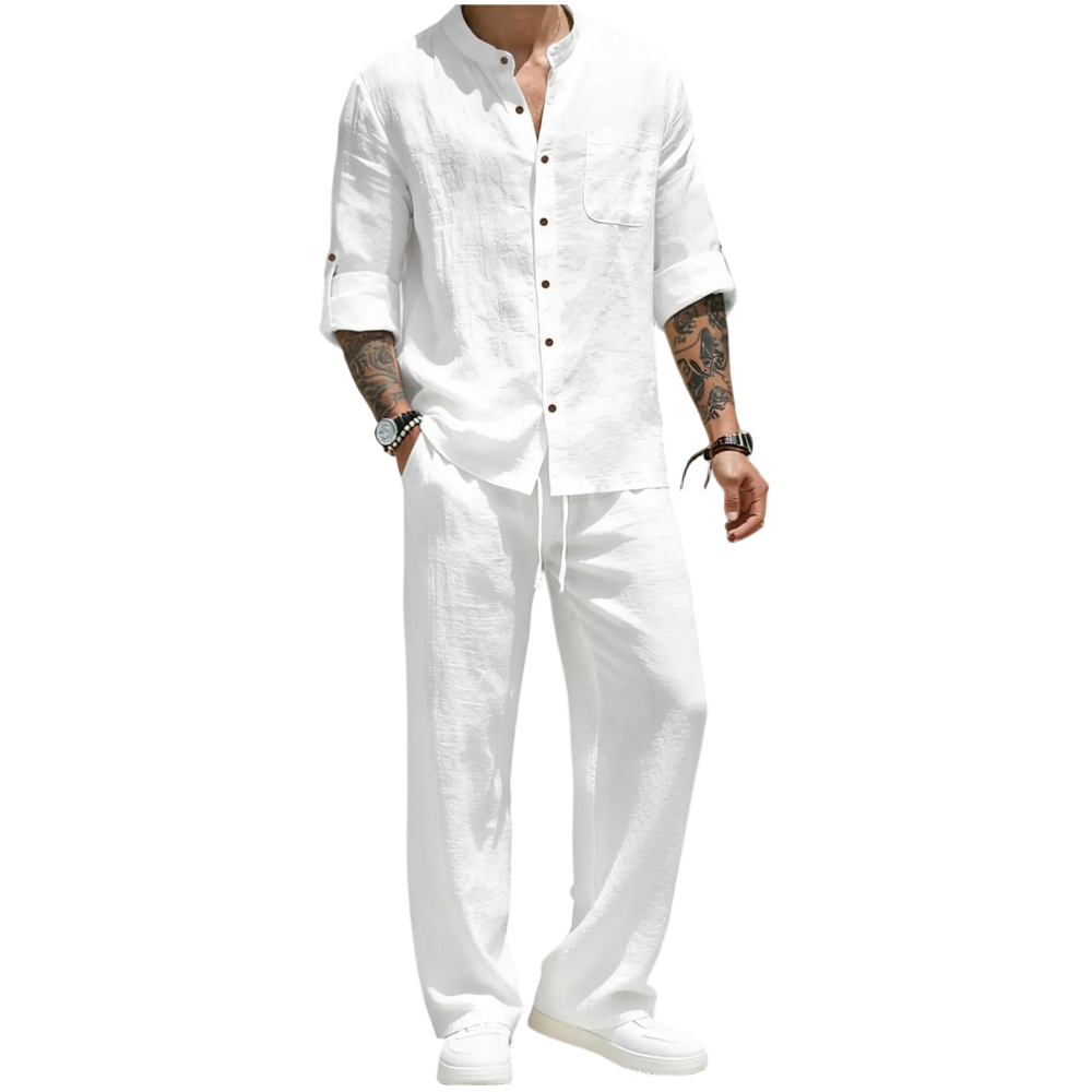 Men’s Linen Shirt & Pants Set – Stand Collar Long-Sleeve Shirt with Straight-Leg Belted Pants