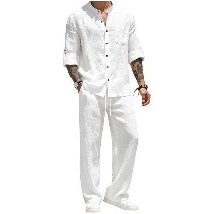 Men’s Linen Shirt & Pants Set – Stand Collar Long-Sleeve Shirt with Straight-Leg Belted Pants
