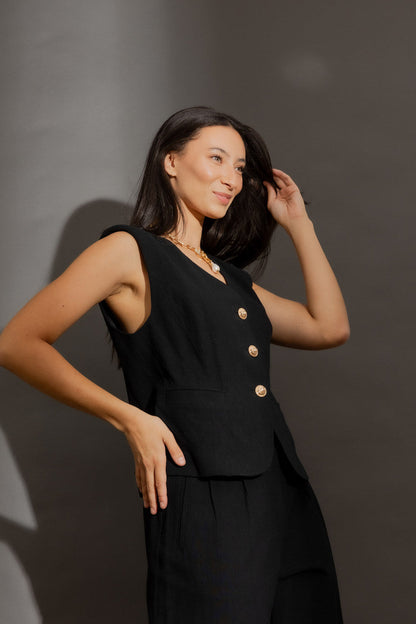 Black Sandwashed Linen Tailored Vest