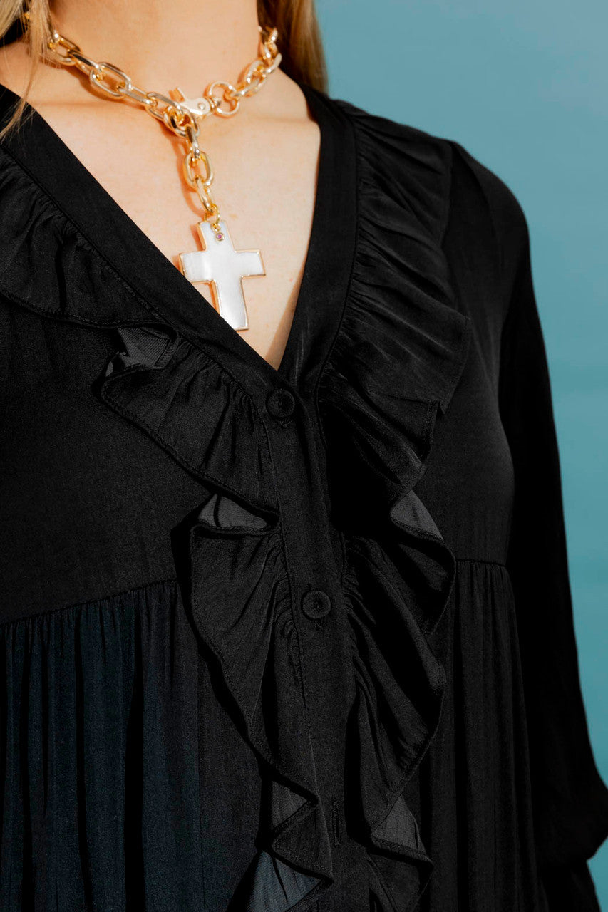 Black Silky Ruffle Dress