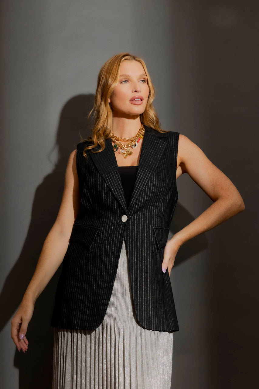 Black Stripe Lurex Single Breasted Vest Black Stripe